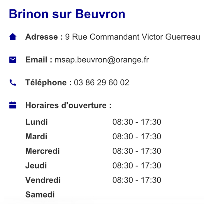 horaires Maison France Services Brinon sur Beuvron